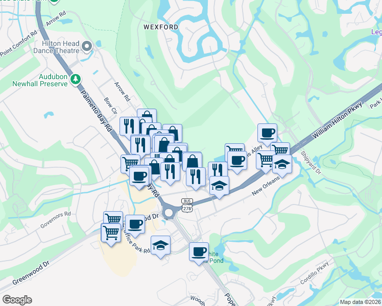 map of restaurants, bars, coffee shops, grocery stores, and more near 119 Arrow Road in Hilton Head Island