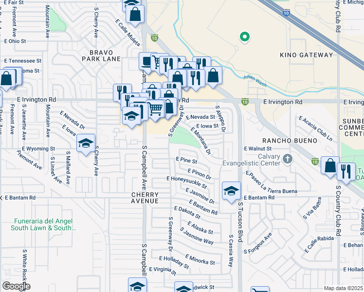 map of restaurants, bars, coffee shops, grocery stores, and more near 2111 E Balsam Cir in Tucson