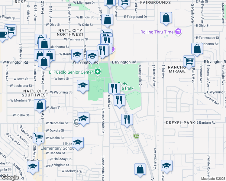 map of restaurants, bars, coffee shops, grocery stores, and more near 5075 South 6th Avenue in Tucson