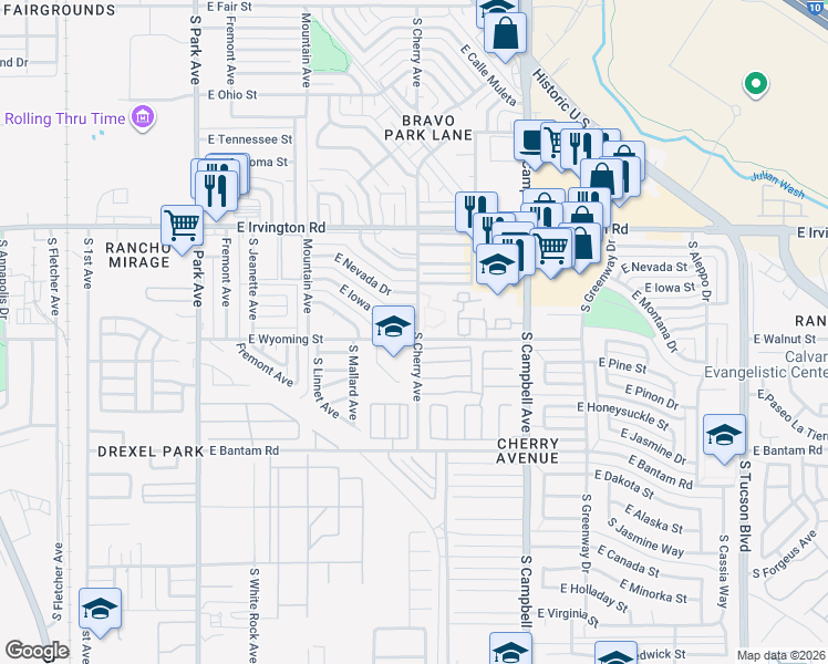 map of restaurants, bars, coffee shops, grocery stores, and more near 1531 East Wyoming Street in Tucson