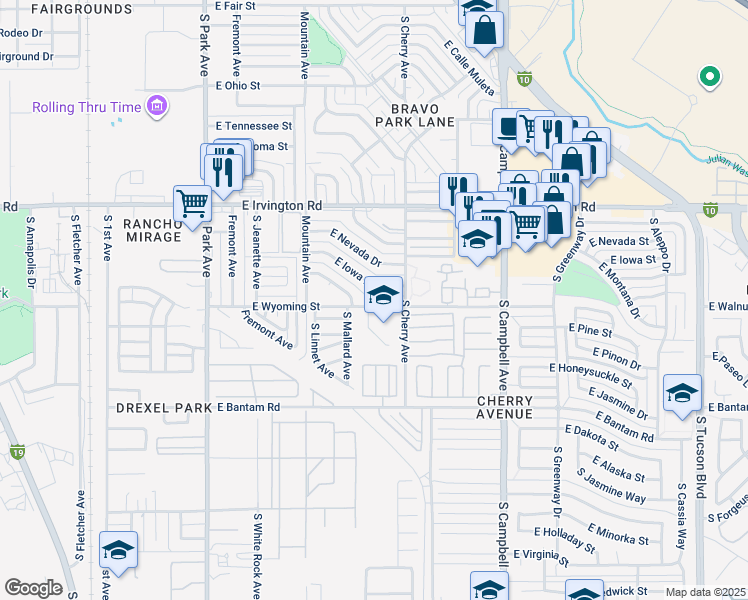 map of restaurants, bars, coffee shops, grocery stores, and more near 1423 East Wyoming Street in Tucson