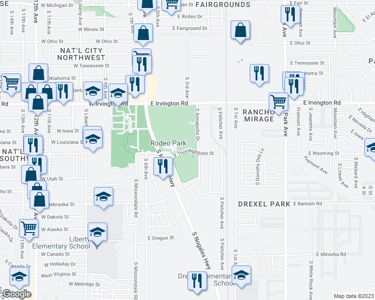 map of restaurants, bars, coffee shops, grocery stores, and more near 214 East Thoroughbred Street in Tucson