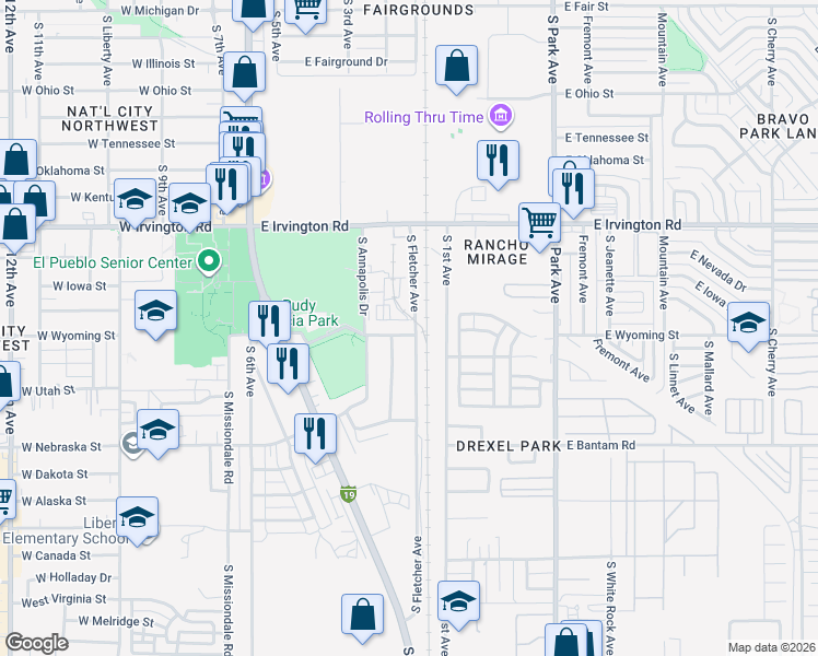 map of restaurants, bars, coffee shops, grocery stores, and more near 407 East Thoroughbred Street in Tucson