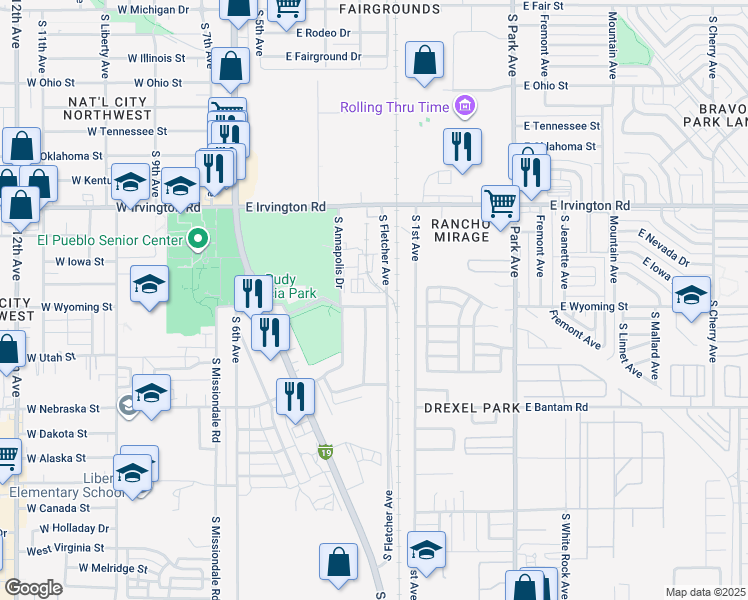 map of restaurants, bars, coffee shops, grocery stores, and more near 407 East Thoroughbred Street in Tucson
