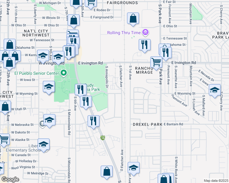 map of restaurants, bars, coffee shops, grocery stores, and more near 407 East Thoroughbred Street in Tucson