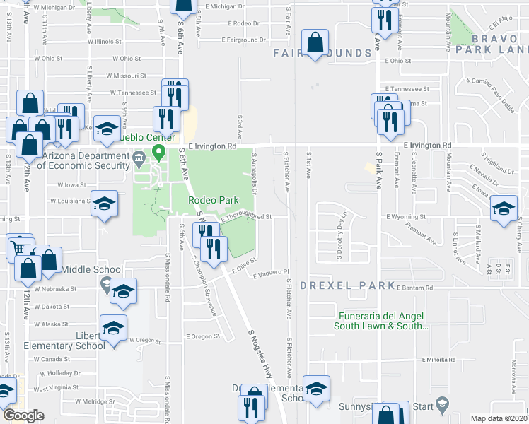 map of restaurants, bars, coffee shops, grocery stores, and more near 407 East Thoroughbred Street in Tucson