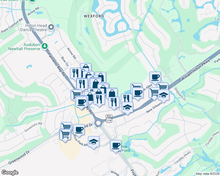map of restaurants, bars, coffee shops, grocery stores, and more near 119 Arrow Road in Hilton Head Island