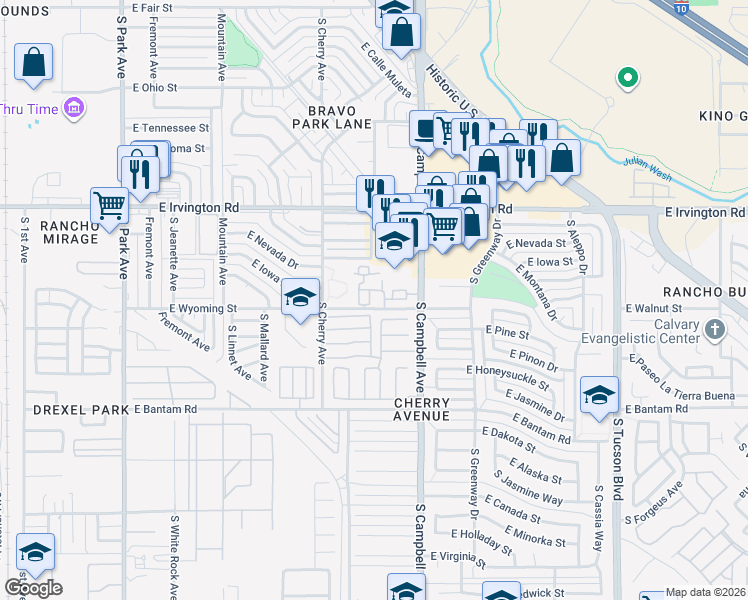 map of restaurants, bars, coffee shops, grocery stores, and more near 1719 Mira Loma Drive in Tucson
