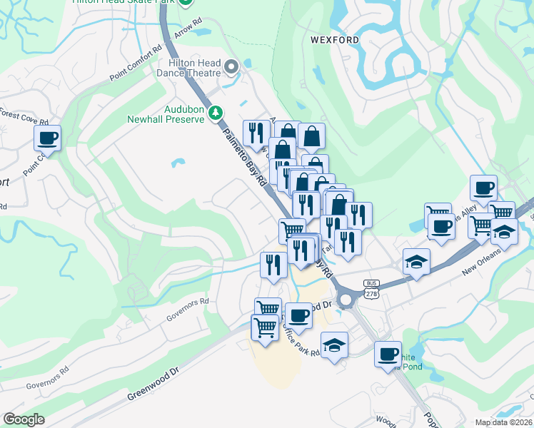 map of restaurants, bars, coffee shops, grocery stores, and more near 2 Possum Lane in Hilton Head Island