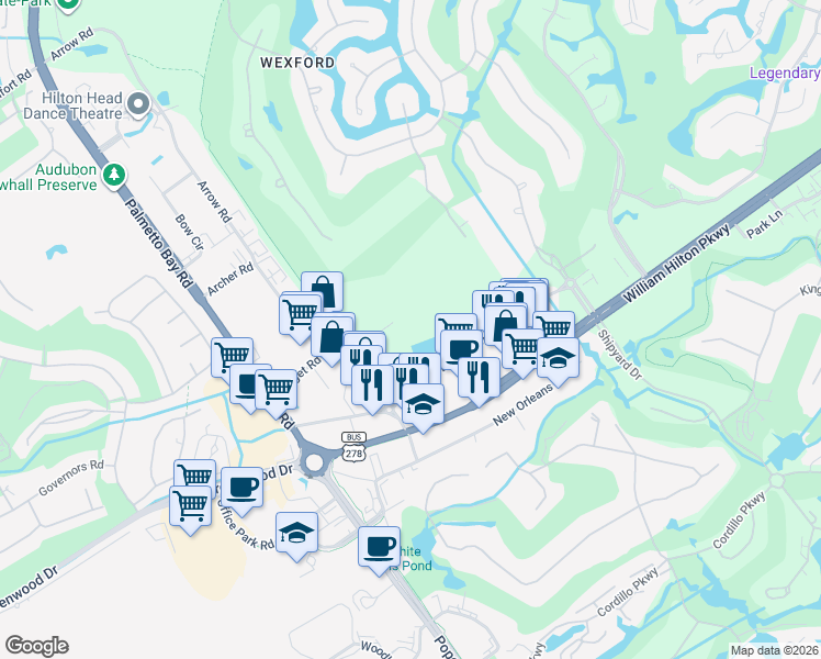 map of restaurants, bars, coffee shops, grocery stores, and more near 133 Arrow Road in Hilton Head Island