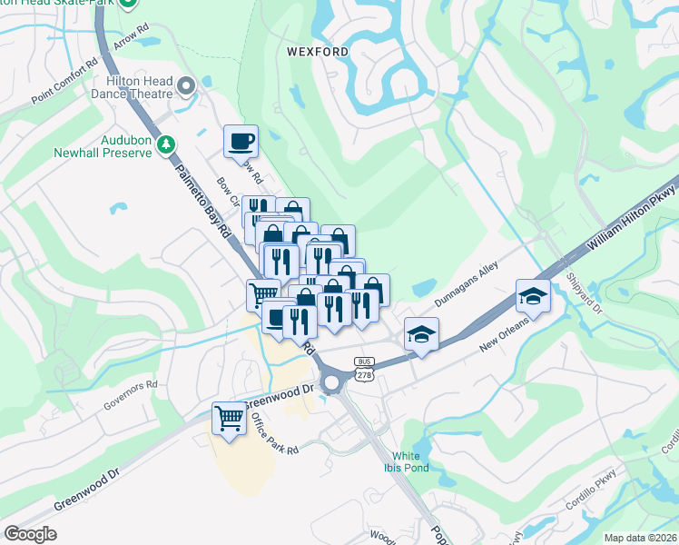 map of restaurants, bars, coffee shops, grocery stores, and more near 119 Arrow Road in Hilton Head Island