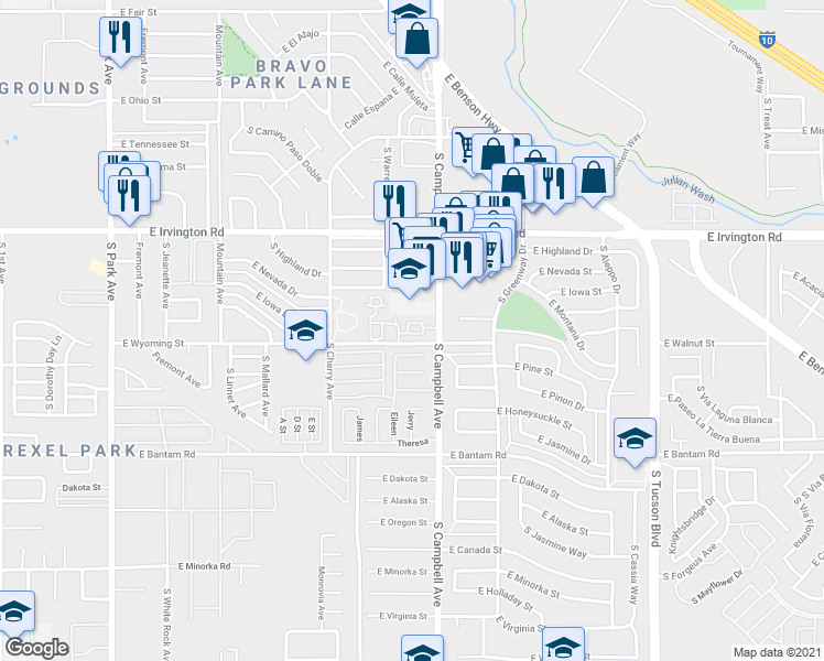 map of restaurants, bars, coffee shops, grocery stores, and more near 5075 East Ponderosa Place in Tucson