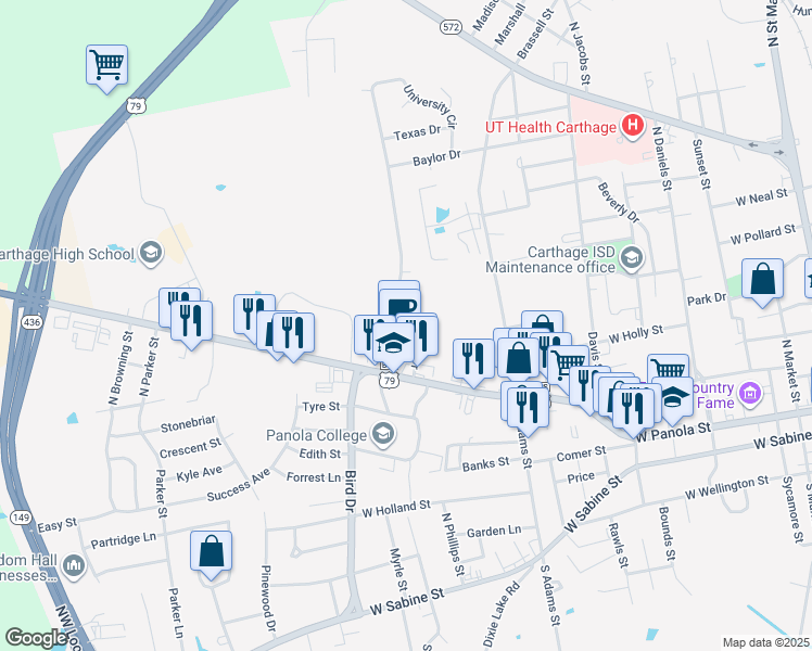 map of restaurants, bars, coffee shops, grocery stores, and more near 719 University Drive in Carthage