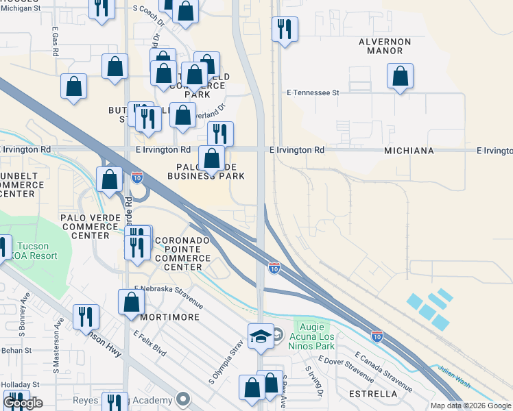 map of restaurants, bars, coffee shops, grocery stores, and more near 5531 East Olympia Stravenue in Tucson