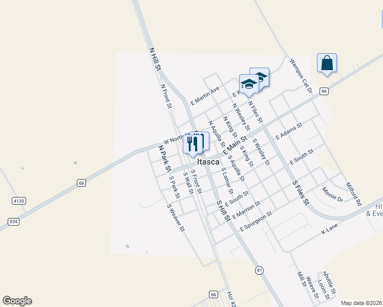 map of restaurants, bars, coffee shops, grocery stores, and more near 101-199 North Front Street in Itasca