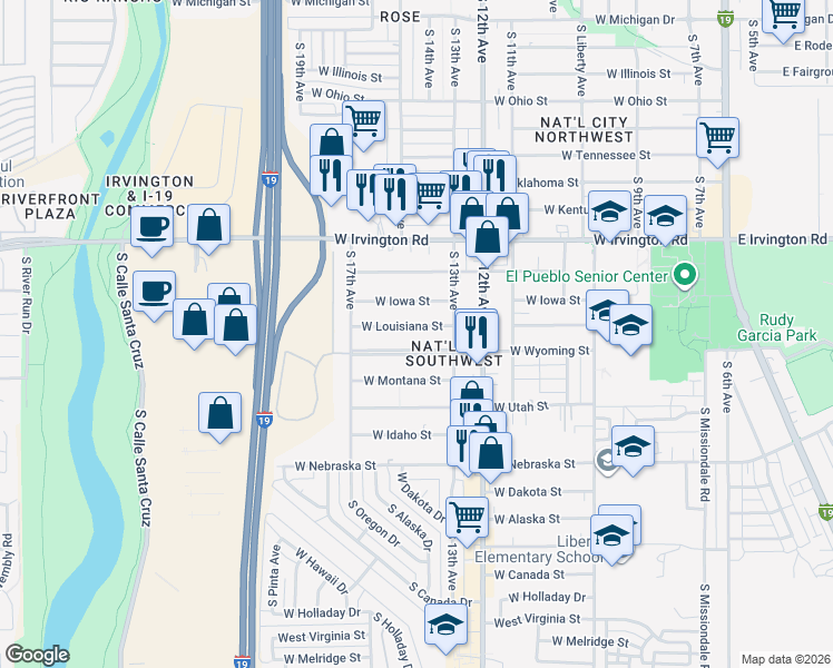 map of restaurants, bars, coffee shops, grocery stores, and more near 750 West Wyoming Street in Tucson
