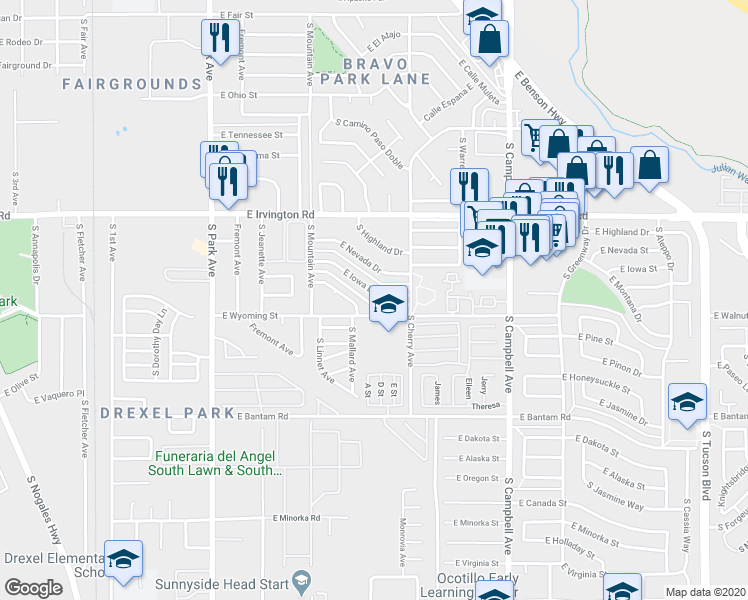map of restaurants, bars, coffee shops, grocery stores, and more near 1423 East Wyoming Street in Tucson