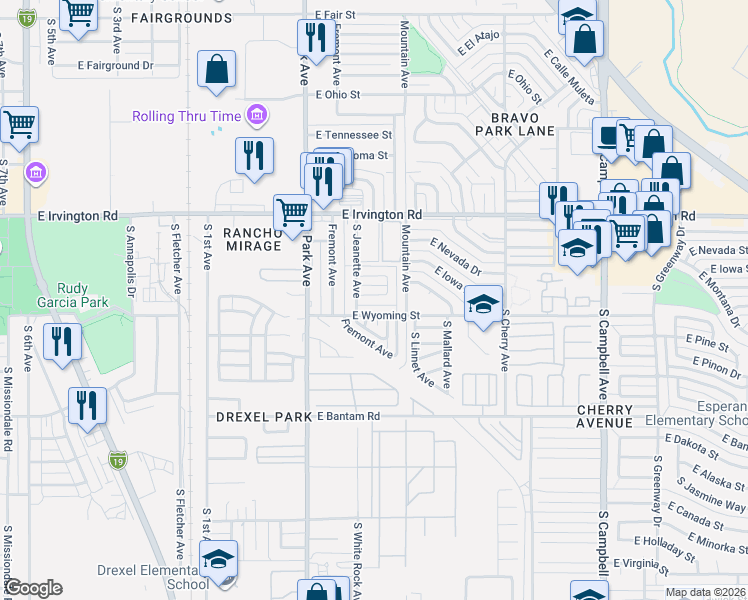 map of restaurants, bars, coffee shops, grocery stores, and more near 1117 East Wyoming Street in Tucson