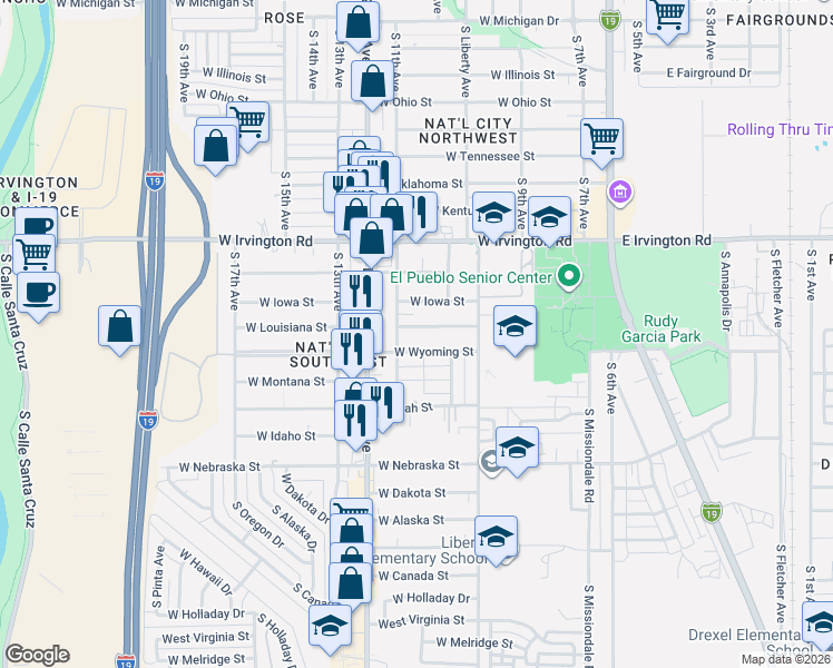 map of restaurants, bars, coffee shops, grocery stores, and more near 456 West Wyoming Street in Tucson