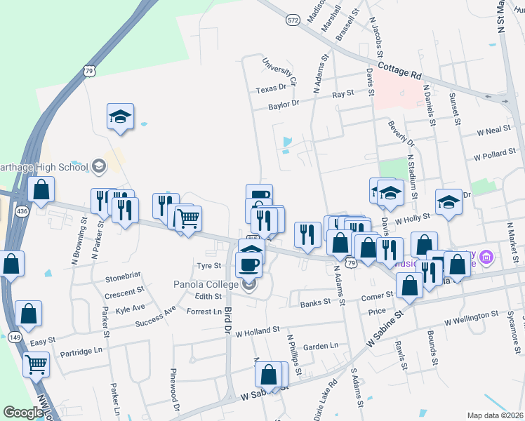 map of restaurants, bars, coffee shops, grocery stores, and more near 719 University Drive in Carthage