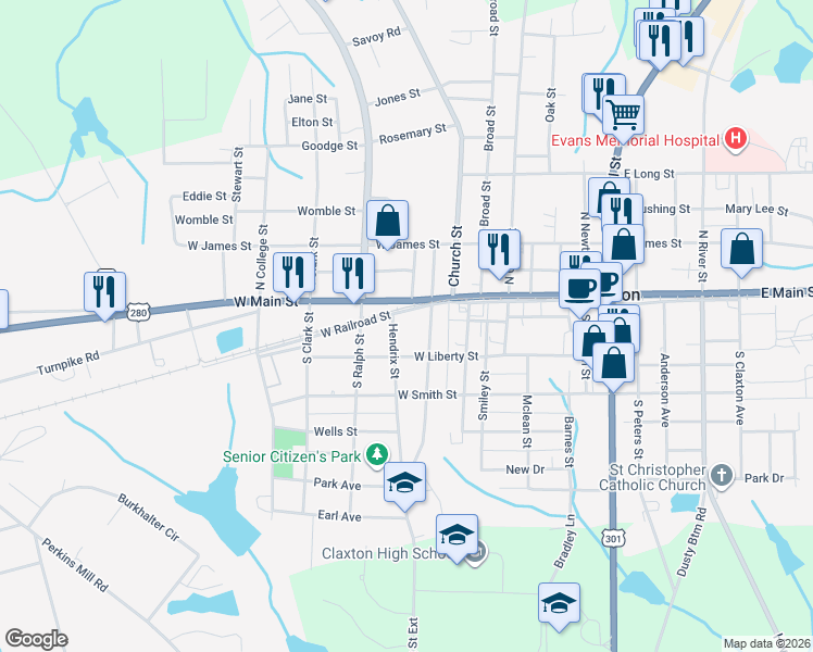 map of restaurants, bars, coffee shops, grocery stores, and more near 410 West Railroad street in Claxton