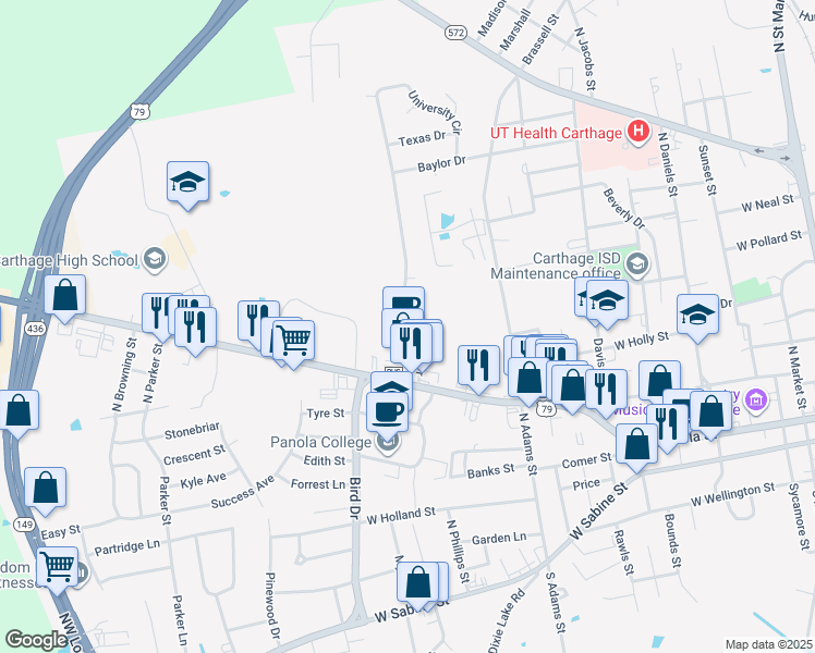 map of restaurants, bars, coffee shops, grocery stores, and more near 719 University Drive in Carthage