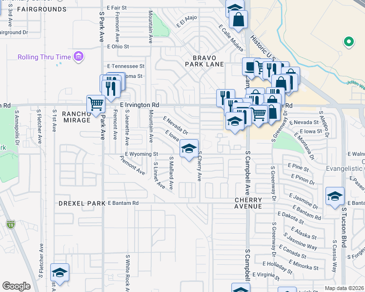 map of restaurants, bars, coffee shops, grocery stores, and more near 1502 East Iowa Drive in Tucson