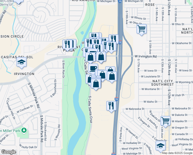 map of restaurants, bars, coffee shops, grocery stores, and more near 1225 West Irvington Road in Tucson