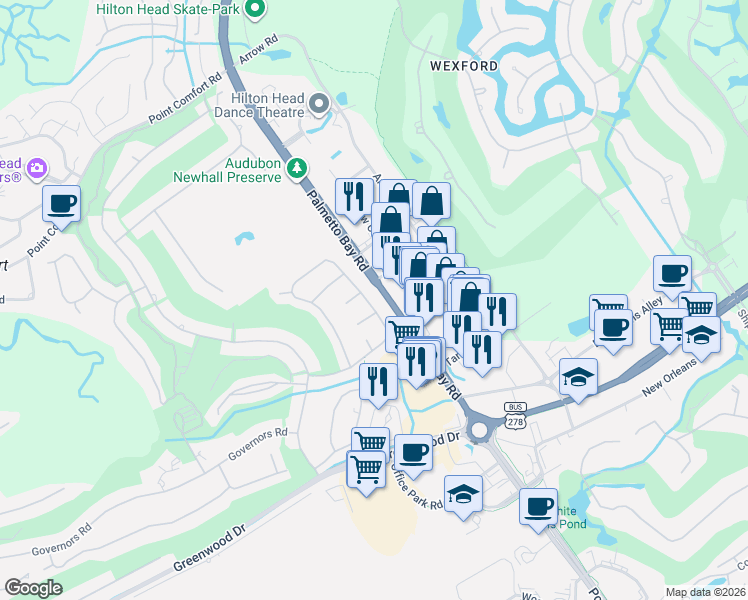 map of restaurants, bars, coffee shops, grocery stores, and more near 2 Possum Lane in Hilton Head Island