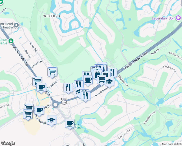 map of restaurants, bars, coffee shops, grocery stores, and more near 131 Dunnigans Alley in Hilton Head Island