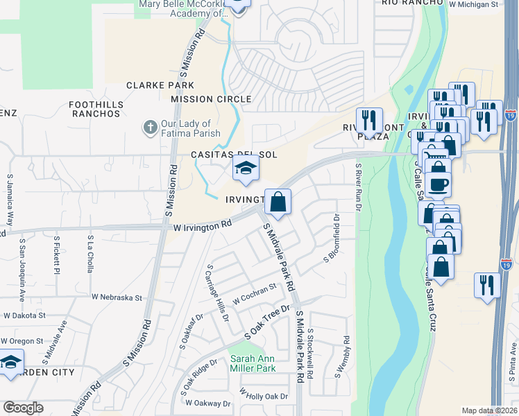 map of restaurants, bars, coffee shops, grocery stores, and more near W Irvington Rd & S Midvale Park Rd in Tucson
