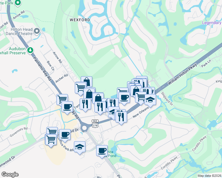 map of restaurants, bars, coffee shops, grocery stores, and more near 131 Dunnigans Alley in Hilton Head Island