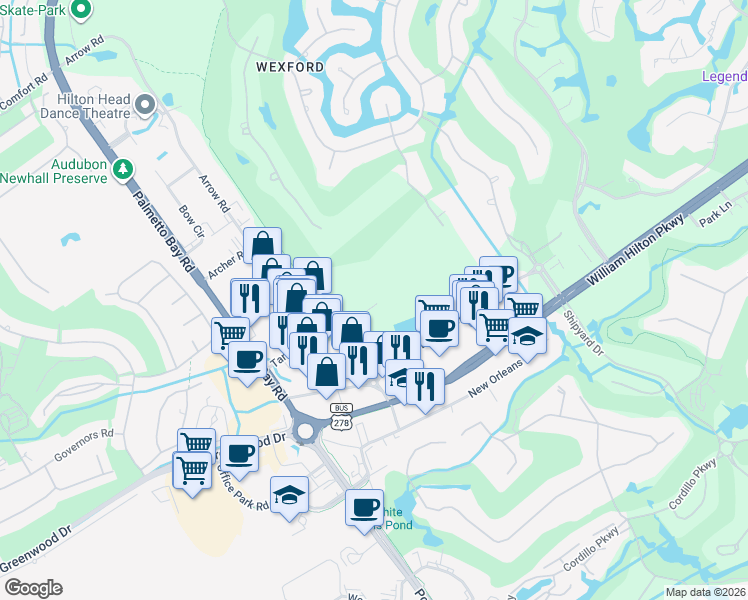 map of restaurants, bars, coffee shops, grocery stores, and more near 133 Arrow Road in Hilton Head Island