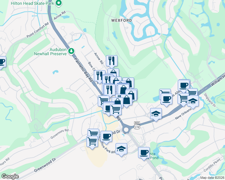 map of restaurants, bars, coffee shops, grocery stores, and more near 30 Palmetto Bay Road in Hilton Head Island