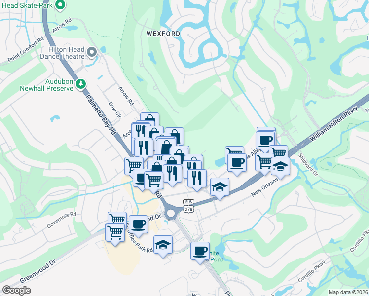 map of restaurants, bars, coffee shops, grocery stores, and more near 119 Arrow Road in Hilton Head Island