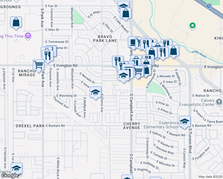 map of restaurants, bars, coffee shops, grocery stores, and more near 1719 Mira Loma Drive in Tucson