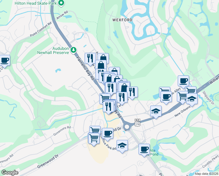 map of restaurants, bars, coffee shops, grocery stores, and more near 30 Palmetto Bay Road in Hilton Head Island