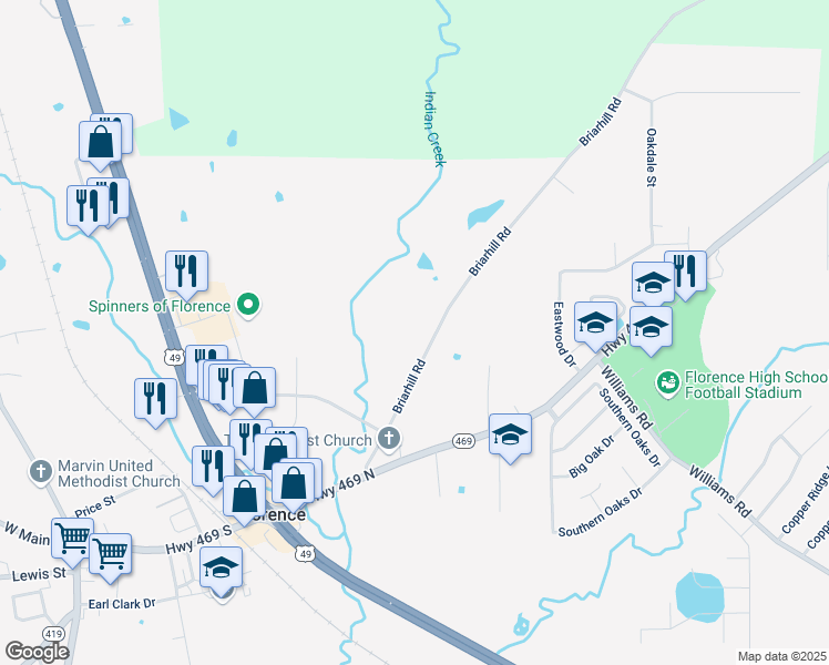 map of restaurants, bars, coffee shops, grocery stores, and more near 213 Briarhill Road in Florence