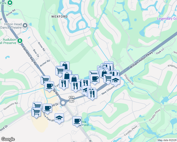 map of restaurants, bars, coffee shops, grocery stores, and more near 131 Dunnigans Alley in Hilton Head Island