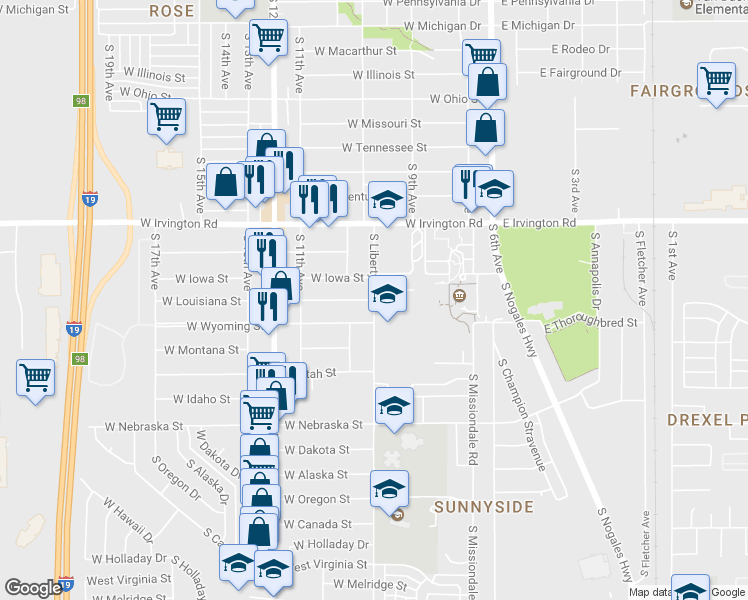 map of restaurants, bars, coffee shops, grocery stores, and more near 5039 South Liberty Avenue in Tucson