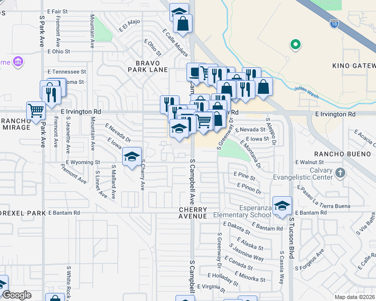 map of restaurants, bars, coffee shops, grocery stores, and more near 5075 East Ponderosa Place in Tucson