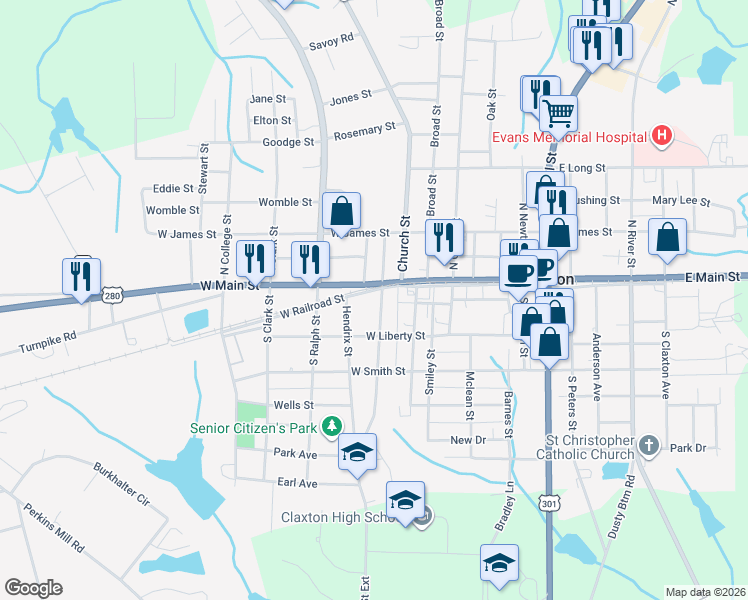 map of restaurants, bars, coffee shops, grocery stores, and more near 410 West Railroad street in Claxton