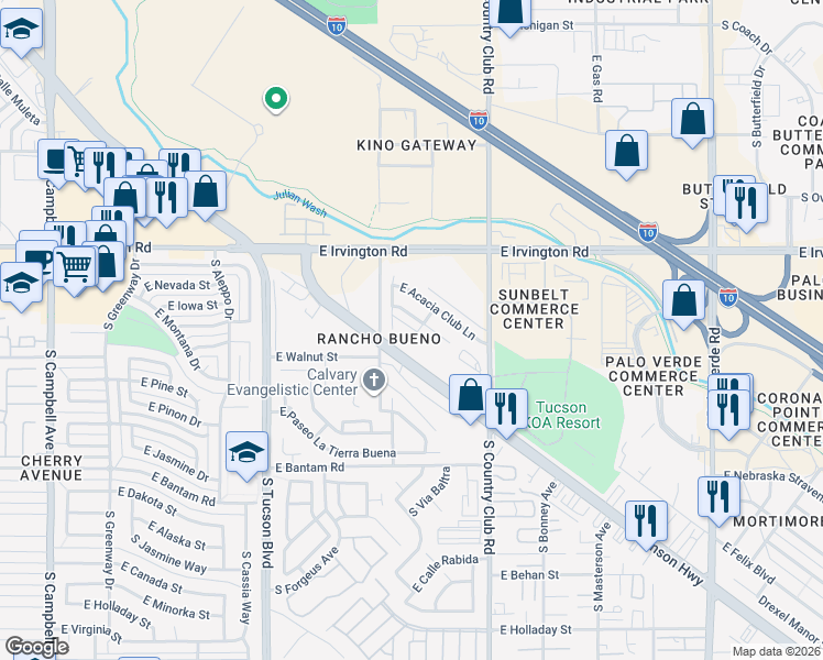 map of restaurants, bars, coffee shops, grocery stores, and more near 5094 South Palo Verde Club Lane in Tucson