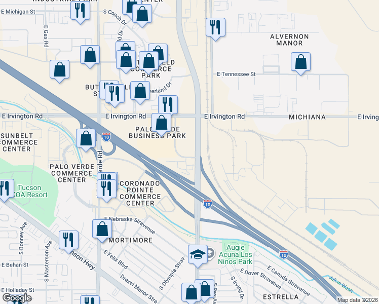 map of restaurants, bars, coffee shops, grocery stores, and more near 5060 East Olympia Stravenue in Tucson