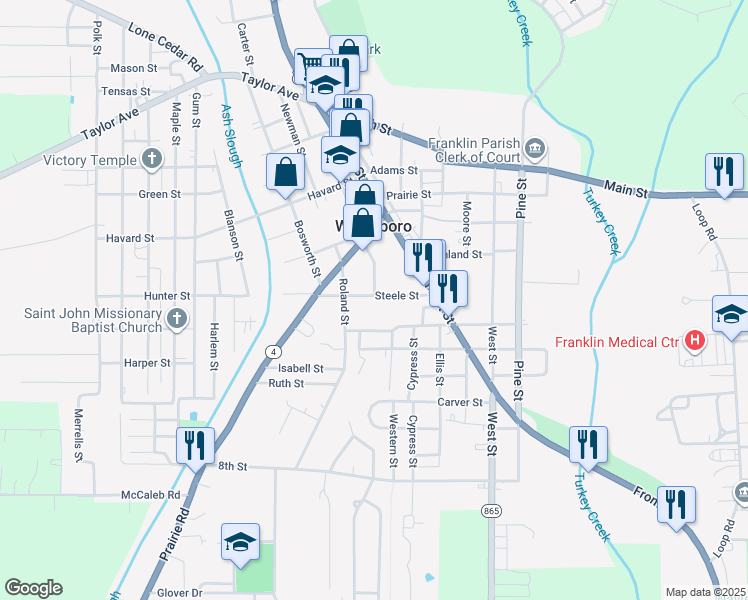 map of restaurants, bars, coffee shops, grocery stores, and more near 905 Steele Street in Winnsboro