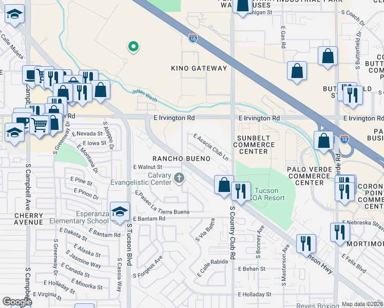 map of restaurants, bars, coffee shops, grocery stores, and more near 5061 South Mesquite Club Lane in Tucson