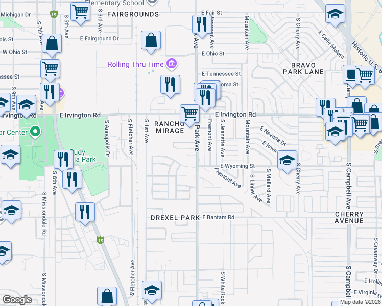 map of restaurants, bars, coffee shops, grocery stores, and more near 5070 South Park Avenue in Tucson