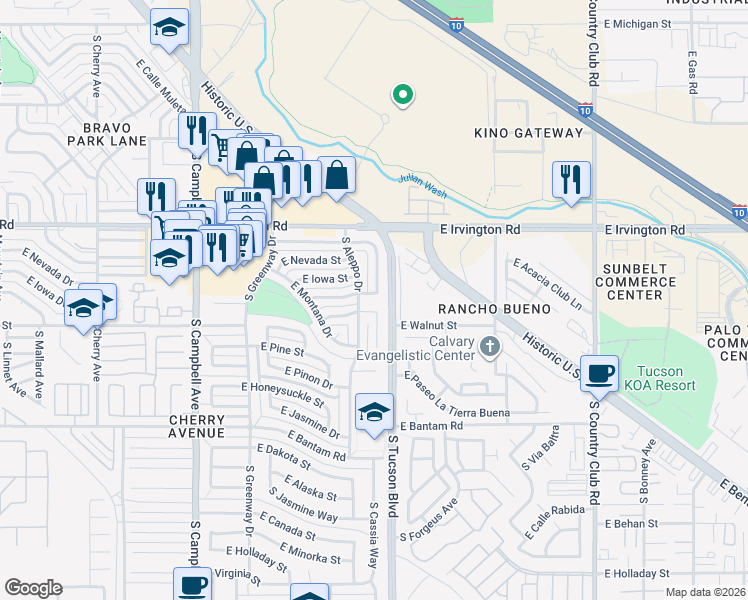map of restaurants, bars, coffee shops, grocery stores, and more near 5109 South Cassia Way in Tucson