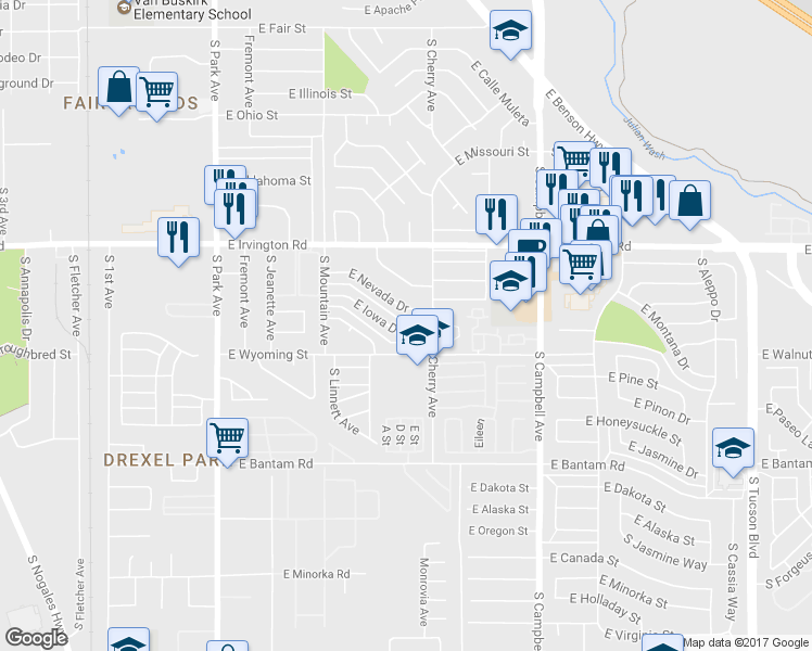 map of restaurants, bars, coffee shops, grocery stores, and more near 1505 East Iowa Drive in Tucson