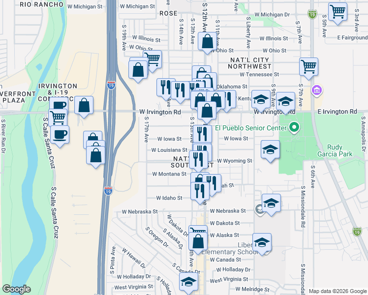 map of restaurants, bars, coffee shops, grocery stores, and more near 704 West Wyoming Street in Tucson